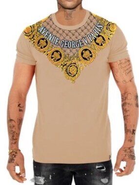 Avenue George V Paris T-Shirt rhinestone Baroque men’s Beige Short Sleeve 3XL